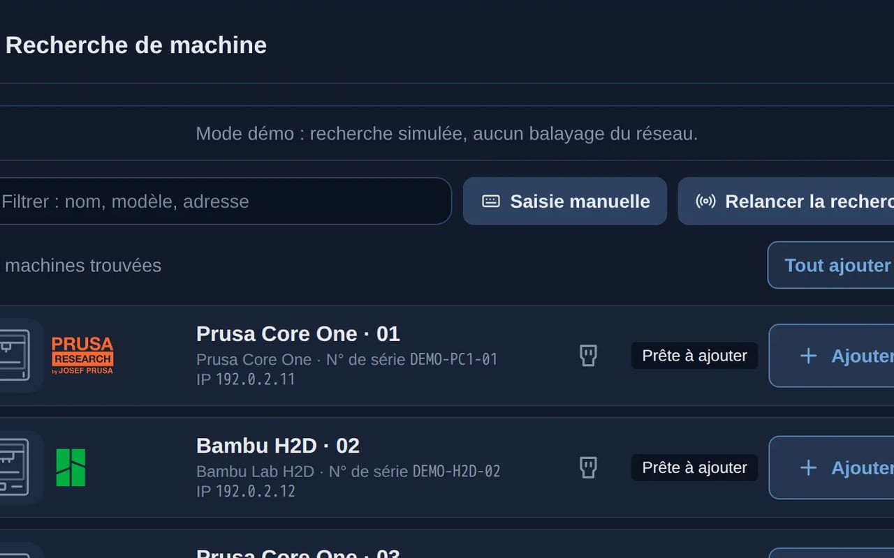 Fenêtre Recherche de machine : six machines trouvées sur le réseau, chacune avec sa marque, son adresse et un bouton Ajouter.