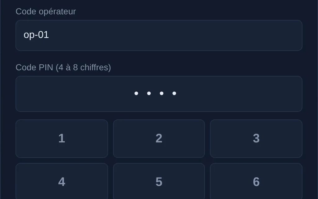 Fenêtre de signature d'un geste critique : code opérateur, PIN masqué et pavé numérique.