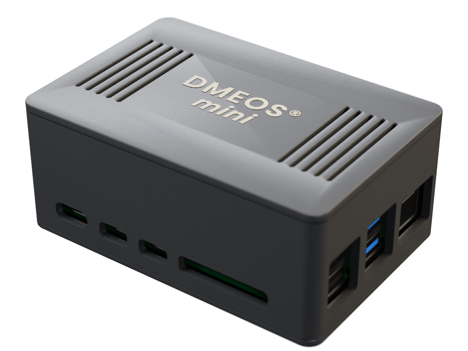 Boîtier DMEOS® Mini : coque grise ventilée, ports USB-C, carte SD et USB sur la face avant.