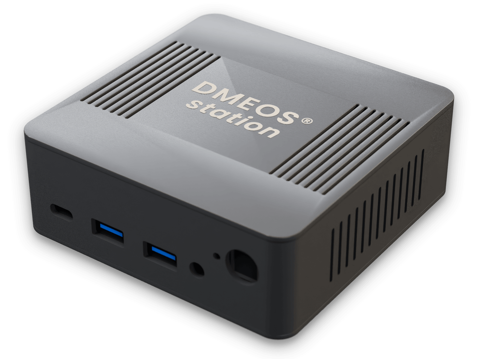 Boîtier DMEOS® Station : mini-PC gris et noir, ports USB sur la face avant, logo gravé sur le dessus.